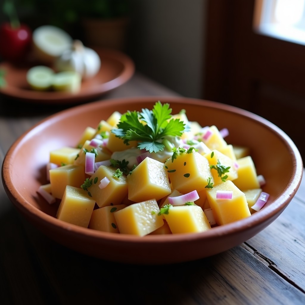 Ensalada tibetana en cuenco de barro con papas yak doradas, yogur cremoso, cebolla morada y cilantro fresco, servida sobre fondo rústico de madera.