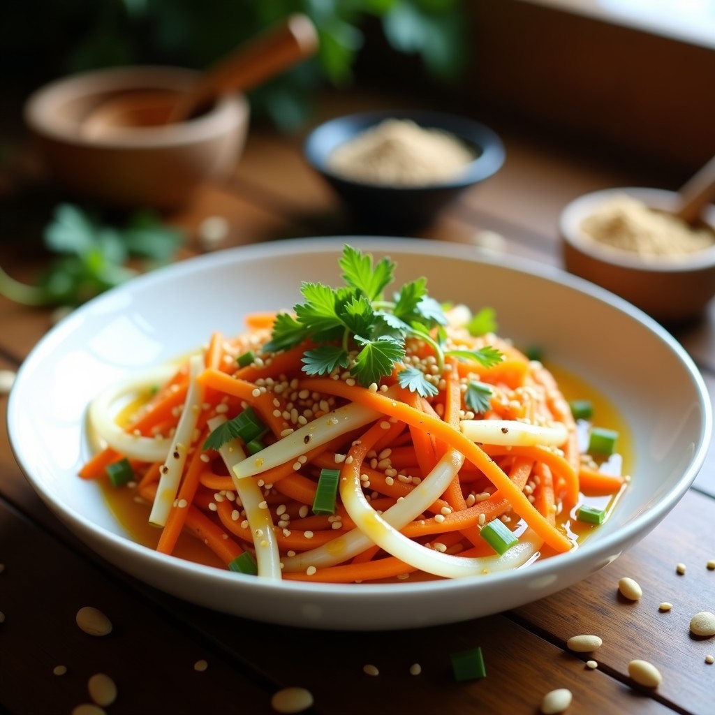 Ensalada tibetana vegana crujiente con julianas de rábano daikon y zanahoria naranja, bañadas en vinagreta de sésamo oscuro. Decorada con semillas de sésamo negro, cebollino picado y hojas de cilantro fresco sobre un plato blanco rústico.