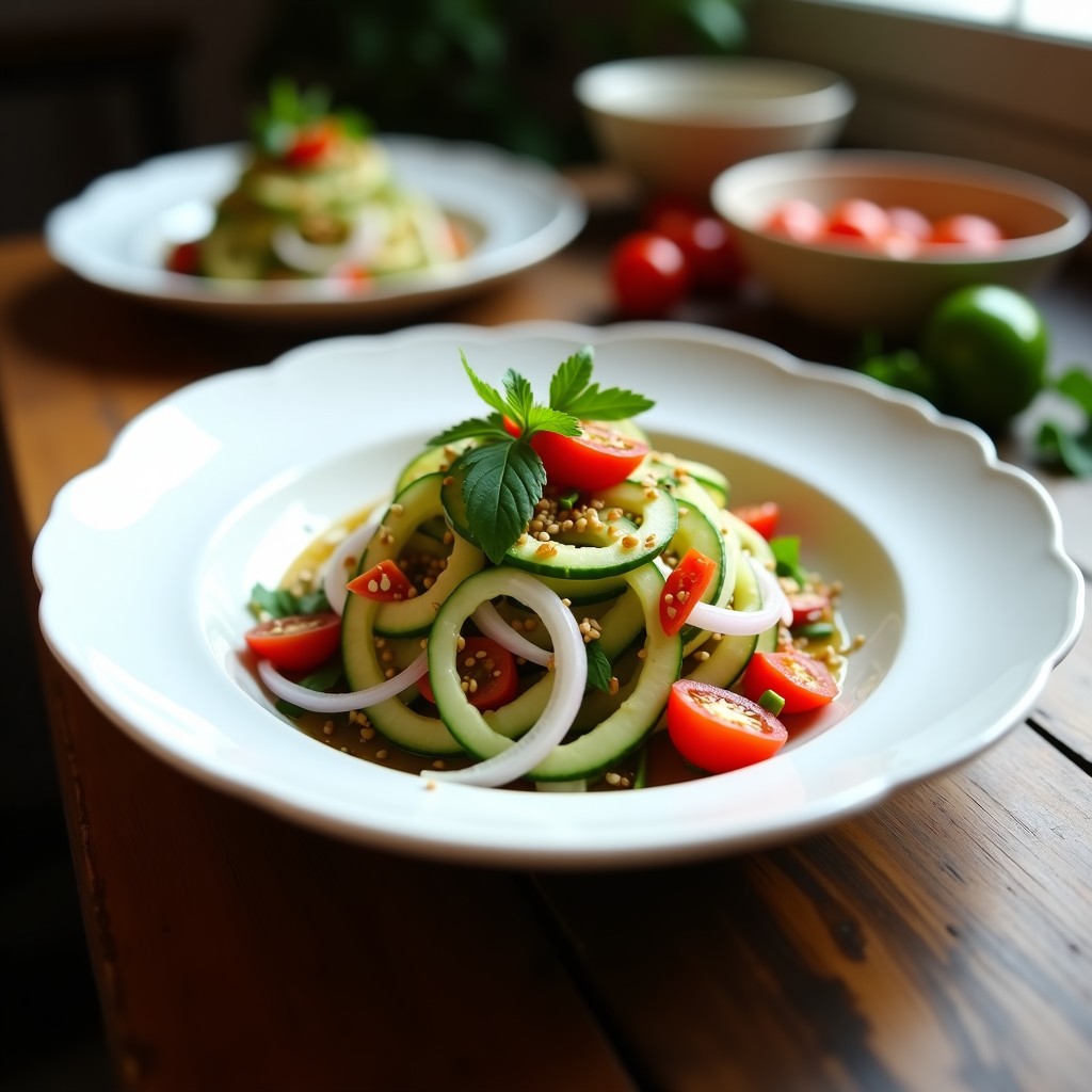 Ensalada tibetana Yak Cham en bol de cerámica blanca, con rodajas de pepino, chilies rojos, tomates cherry y semillas de sésamo, decorada con cilantro fresco.