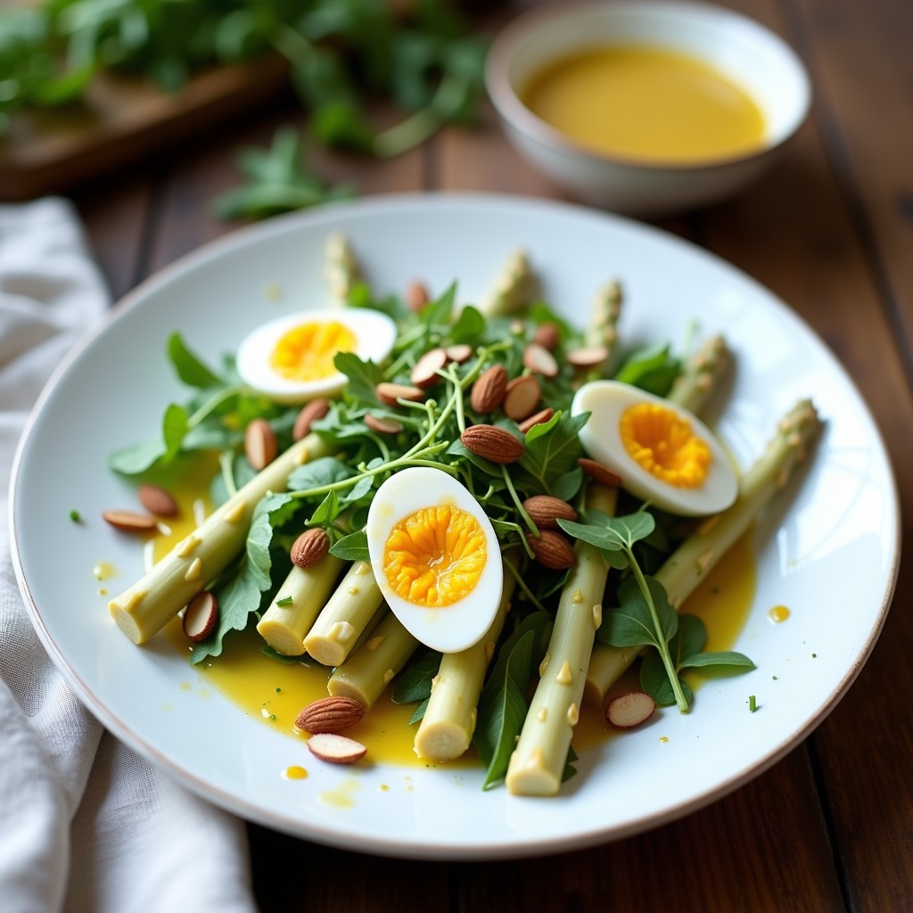 Ensalada tibia francesa en plato blanco: espárragos blancos en rodajas diagonales, huevos de codorniz abiertos con yema cremosa, rúcula baby, almendras laminadas tostadas y vinagreta de mostaza y miel. Fondos de luz natural primaveral.
