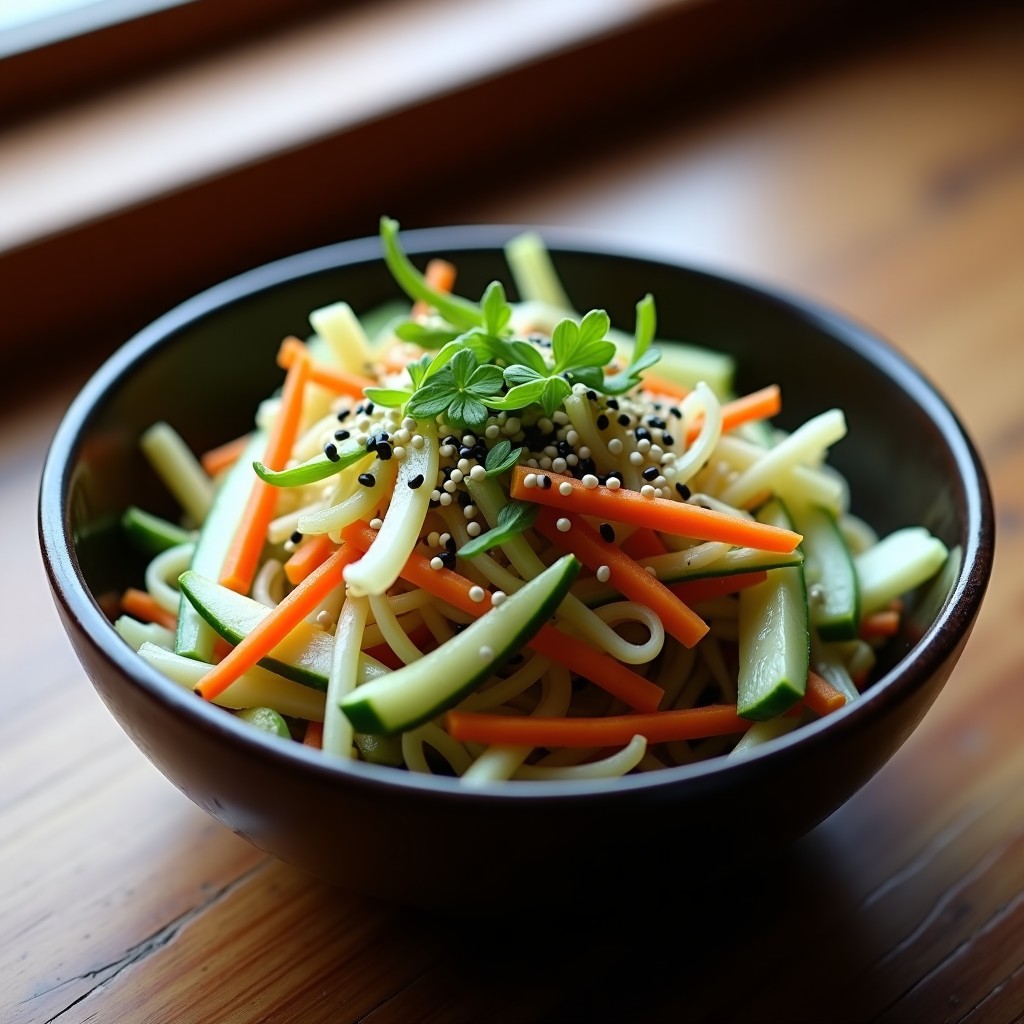 Ensalada japonesa de alga watakushi en cuenco blanco, mezclada con pepino, rábano daikon y cebolla morada, bañada en aderezo cremoso de sésamo y limón, decorada con semillas de sésamo negro y hojas de shiso frescas.