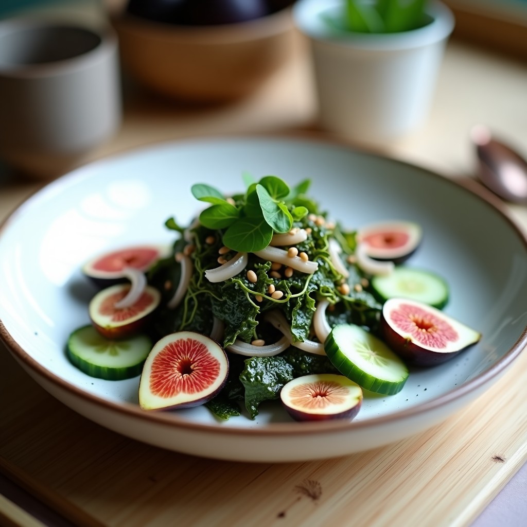 Ensalada japonesa de verano con brotes de watakushi frescos, higos maduros en cuartos, vinagreta de miso rojo y semillas de sésamo negro sobre un plato de cerámica blanca, decorada con hojas de shiso morado y cebollino picado.