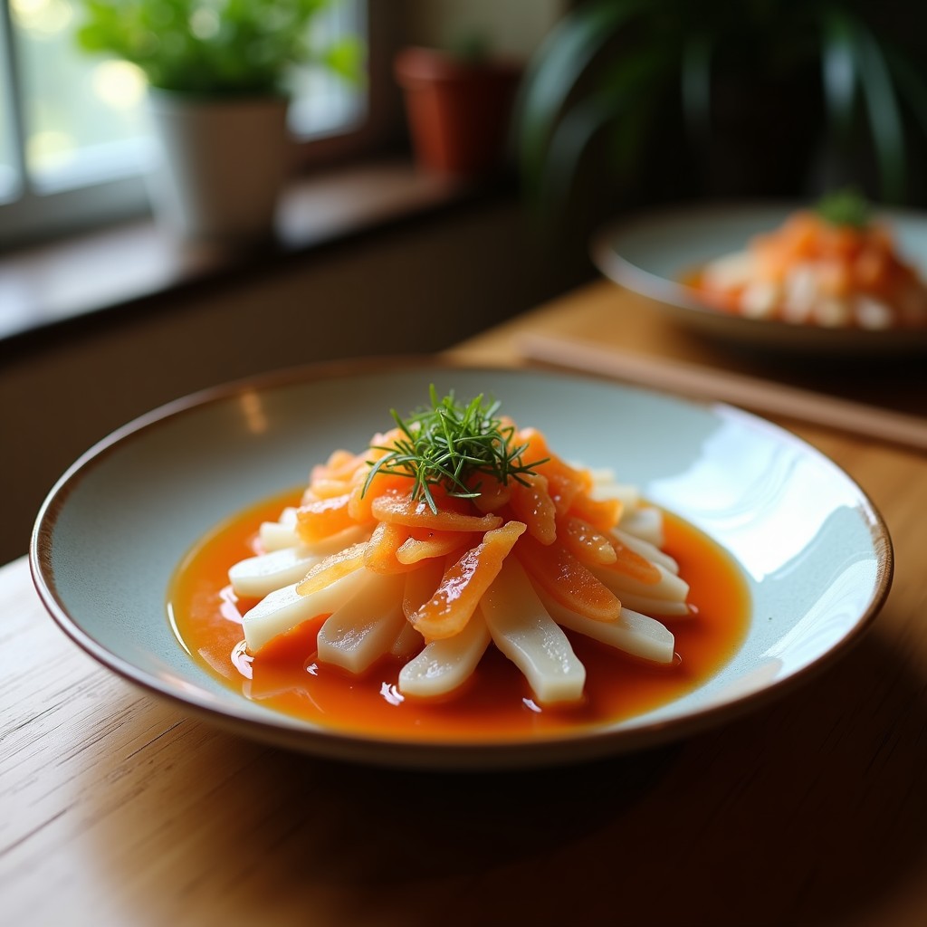 Ensalada japonesa crudivegana de alga watakushi fresca con aguacate, hojas de shiso moradas y vinagreta de ciruela umeboshi, decorada con semillas de sésamo negro y pimienta shichimi togarashi en un plato de cerámica blanca.