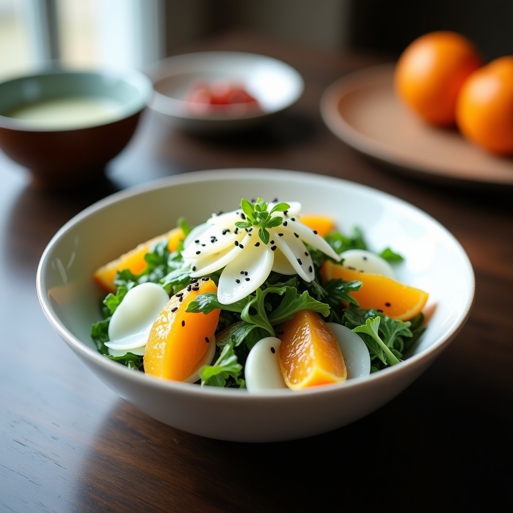 Ensalada japonesa de invierno con alga Watakushi fresca, gajos de mandarina satsuma y daikon rallado, bañada en vinagreta cremosa de miso blanco, espolvoreada con semillas de sésamo negro y cebollino. Plato frío servido en bol de cerámica blanca sobre fondo rústico.