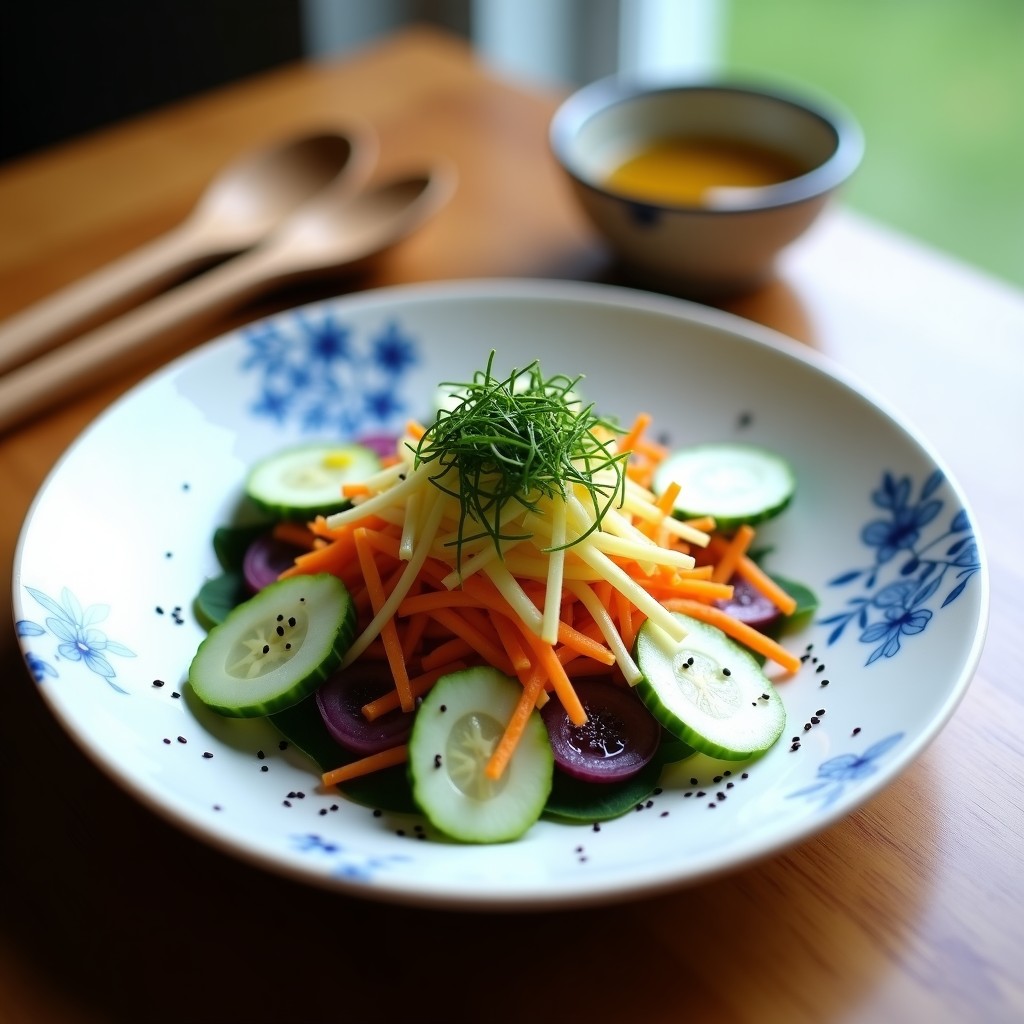 Ensalada japonesa de watakushi con rodajas finas de rábano daikon, pepino en juliana, zanahoria morada rallada y algas wakame sobre hojas de shiso. Espolvoreada con semillas de sésamo negro y bañada con vinagreta de yuzu dorada. Plato blanco con bordes de cerámica tradicional japonesa.