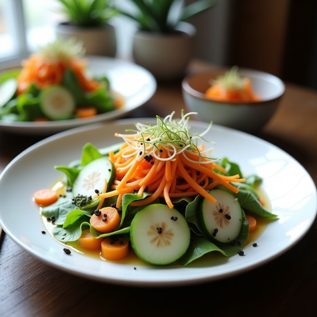 Ensalada japonesa crudivegana de watakushi con aderezo de yuzu, servida en plato blanco con zanahoria morada en juliana, pepino japonés, rábanos daikon y semillas de amapola, decorada con algas nori en copos y brotes de alfalfa.