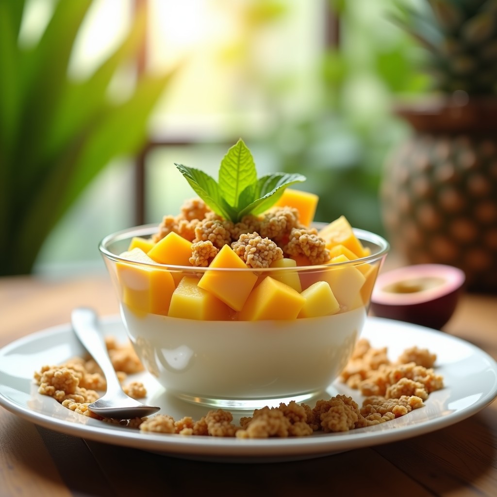 Copa de cristal transparente con ensalada de water kefir, trozos de mango, piña y maracuyá, coronada con granola crujiente, coco rallado y hojas de menta. Postre probiótico sin lácteos con colores vibrantes.