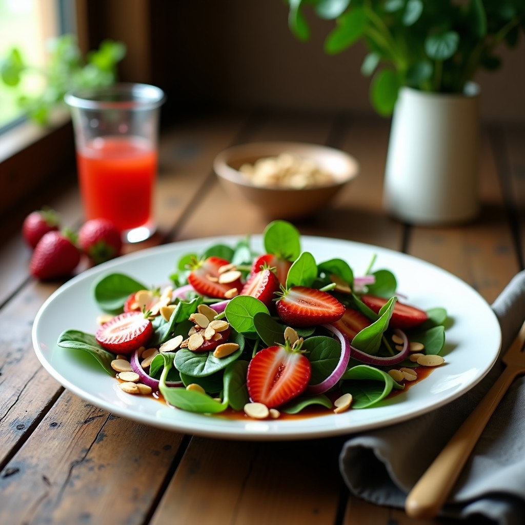 Ensalada francesa light de watercress fresco con láminas de fresas rojas, almendras tostadas doradas y vinagreta brillante de vinagre de frambuesa, servida en plato blanco sobre fondo rústico de madera.