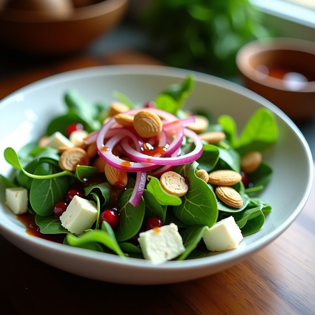 Plato hondo blanco con ensalada de watercress fresco, trozos de queso de cabra desmenuzado, cebolla morada en juliana, almendras tostadas y granadina natural en zigzag, servida con vinagreta brillante.