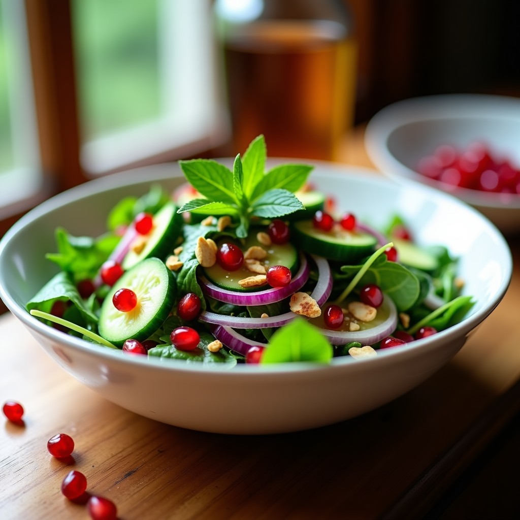 Ensalada fresca de watercress con granos de granada rojos brillantes, cebolla morada en juliana, almendras tostadas y aderezo dorado de vinagre de sidra, servida en un plato blanco rústico con hojas de menta como decoración. Receta persa antiinflamatoria.