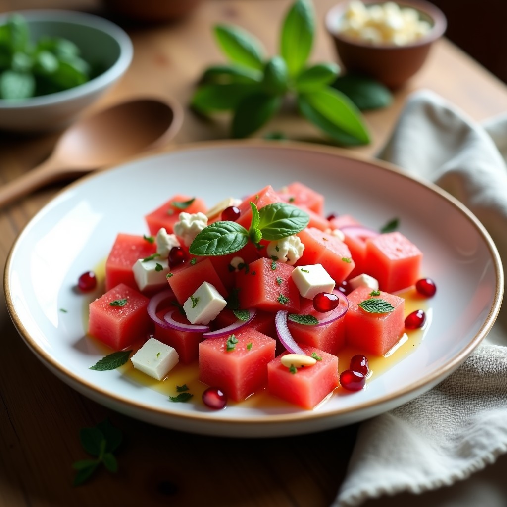 Ensalada fresca de sandía watermelon en cubos, queso feta desmenuzado, semillas de granada, almendras fileteadas y hojas de menta, bañada con aceite de oliva virgen extra y jugo de limón, servida en un bol blanco sobre fondo de madera rústica.