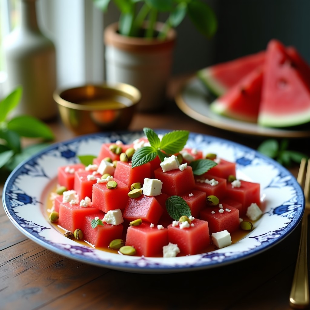Ensalada iraní refrescante con cubos de sandía rojo intenso, trozos de queso feta blanco, cebolla morada en juliana, pistachos verdes y hojas de menta, bañada en una vinagreta dorada con limón negro. Servida en un plato de cerámica blanca con detalles azules persas.
