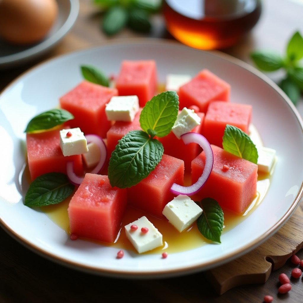Ensalada fresca de cubos de sandía watermelon, trozos de queso feta desmenuzado, hojas de mentha verde brillante y cebolla morada en juliana, servida en un plato blanco con aliño dorado y decorada con granos de pimienta rosa.