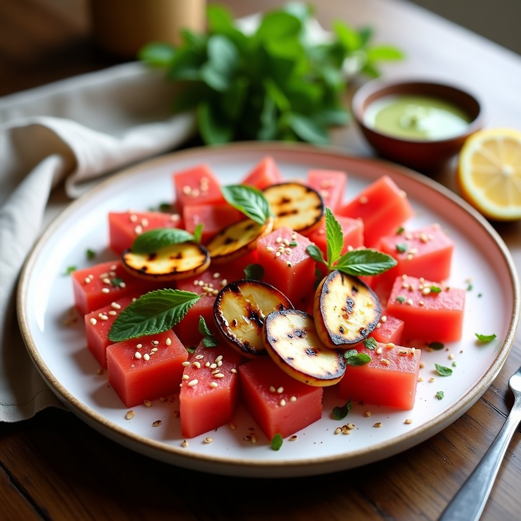 Plato blanco rústico con ensalada de cubos de sandía watermelon fresca, rodajas doradas de queso halloumi a la plancha, espolvoreadas con semillas de sésamo y hojas de menta. Receta griega refrescante con mentolado de hierbas.