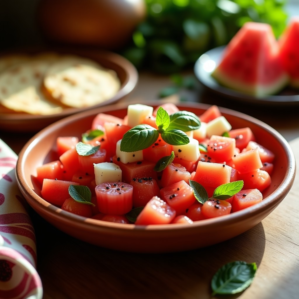 Ensalada fresca de watermelon en cubos, queso de burro desmenuzado y hojitas de albahaca morada, decorada con pepitas de calabaza y flores de cempasúchil, servida en plato de barro con aderezo dorado de miel y chile.