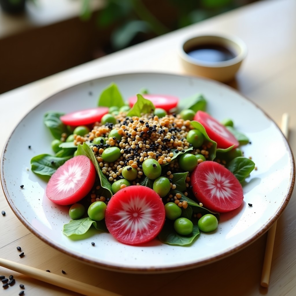 Ensalada vegana crujiente de Watermelon Radish en rodajas finas rosadas y blancas, edamame verde brillante y hojas de mizuna, con vinagreta de sésamo negro espolvoreada. Plato blanco sobre fondo rústico de madera con semillas de sésamo y cebollino fresco.
