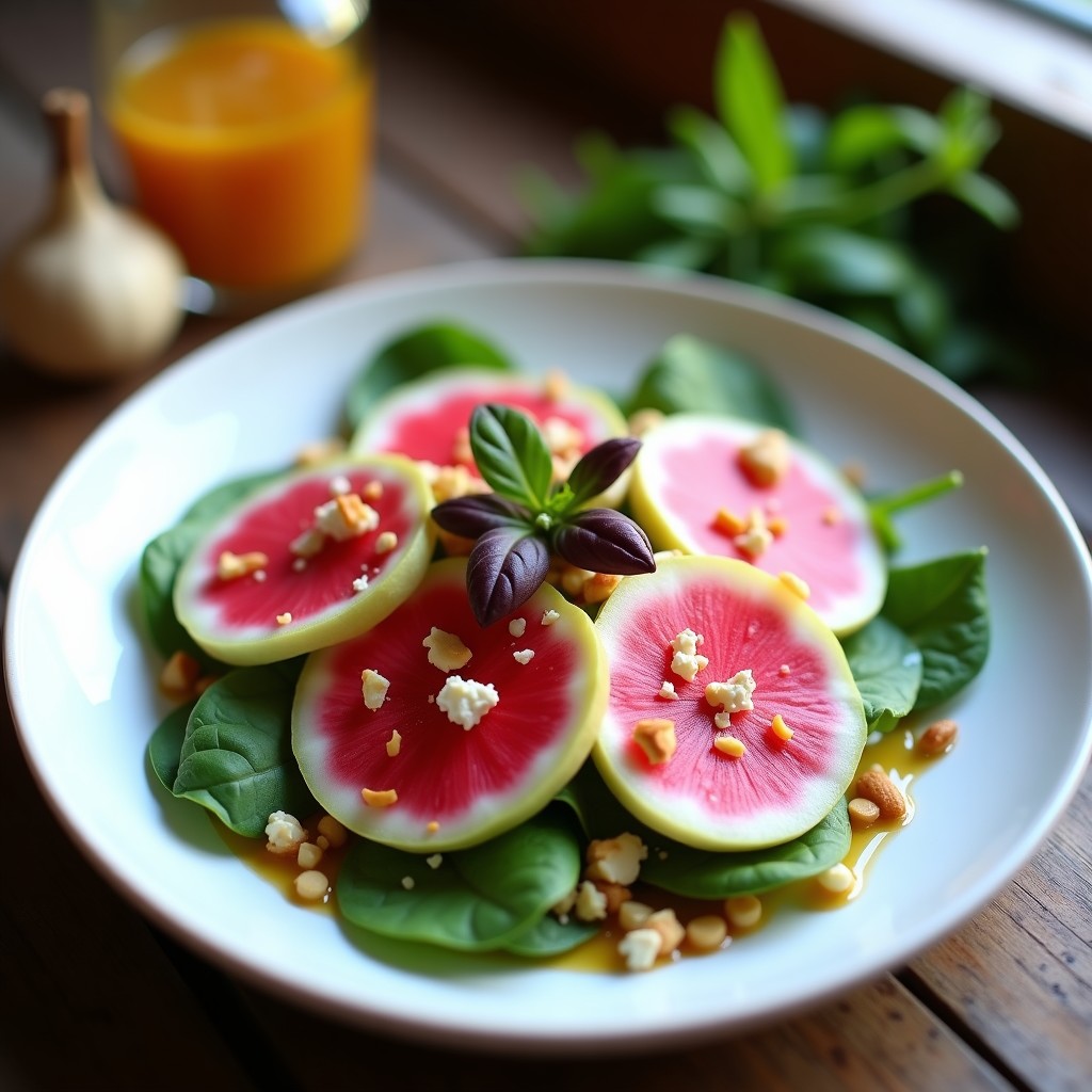Plato blanco ovalado con ensalada de Watermelon Radish en rodajas rosadas y blancas, queso de almendras desmenuzado, cubos de pepino, menta fresca y semillas de sésamo negro. Vinagreta dorada de miel de agave brillando sobre los ingredientes, fondo de madera clara.