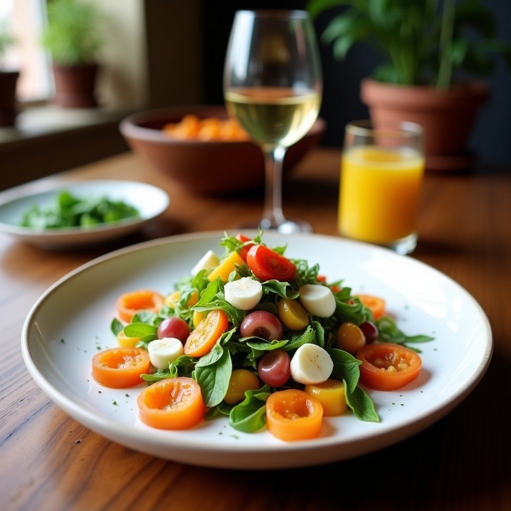 Plato blanco alargado con ensalada de Watermelon Radish en rodajas rosadas y blancas, queso de cáscara de anacardo cremoso, apio en juliana y semillas de sésamo tostadas, bañada en aderezo dorado. Receta crudivegana con toque picante.