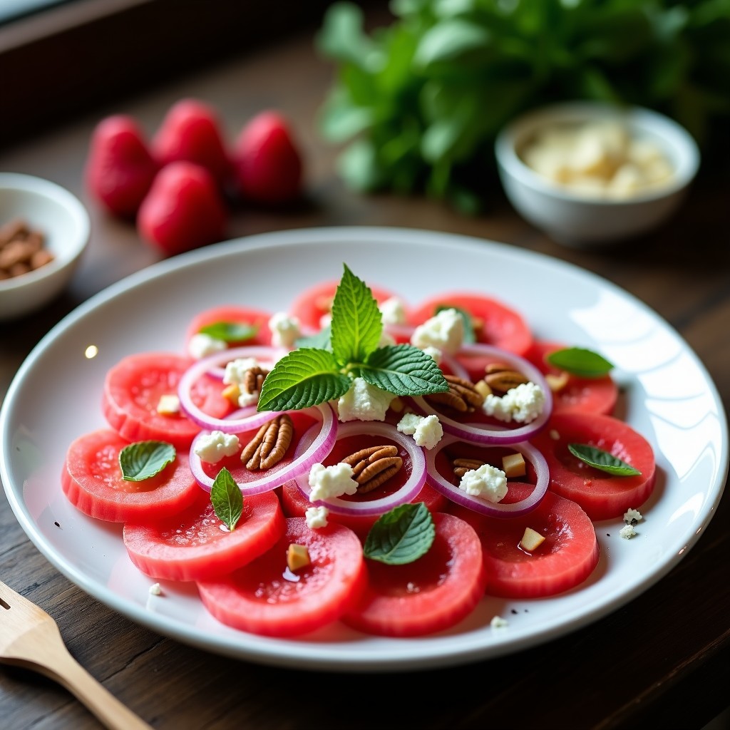 Ensalada de Watermelon Radish y Queso Azul: Receta con Aliño de Vinagre de Frambuesa