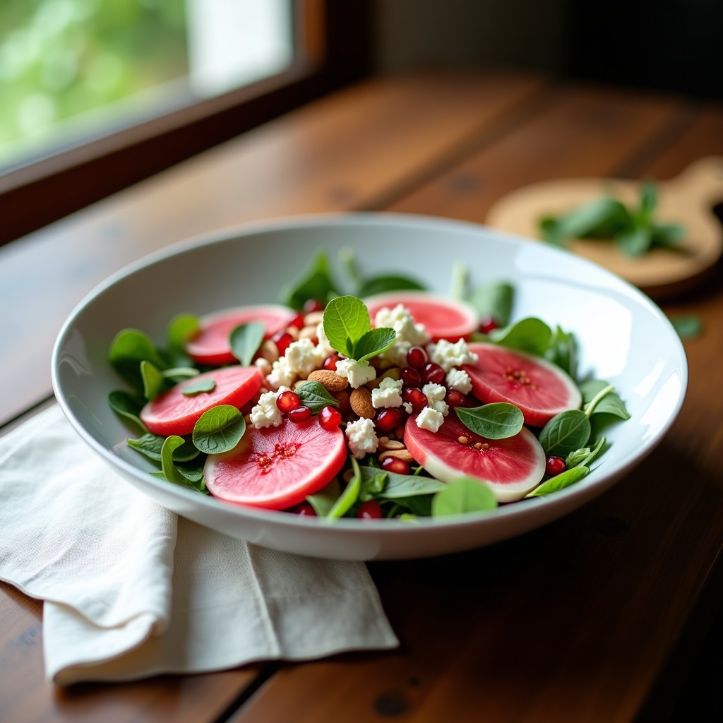 Ensalada fresca de rábano sandía en rodajas rosadas y blancas, queso feta en cubos, granos de granada rojos brillantes y hojas de menta, servida en fuente plana de cerámica blanca con vinagreta de granado brillante. Plato colorido y apetecible con texturas crujientes.
