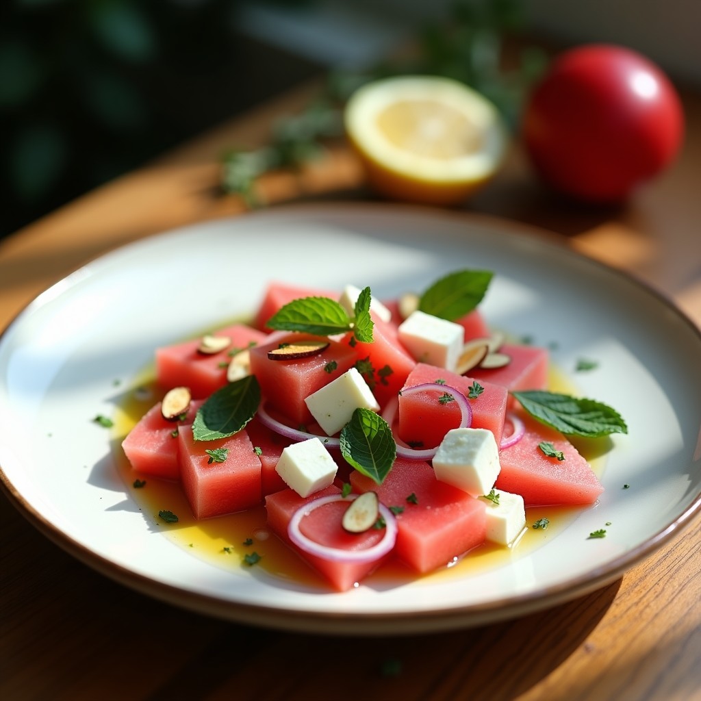 Ensalada griega de Watermelón Radish en rodajas finas con queso de oveja en cubos, cebolla morada, almendras tostadas y menta fresca, bañada en vinagreta de aceite de oliva y orégano, servida en plato blanco rústico.
