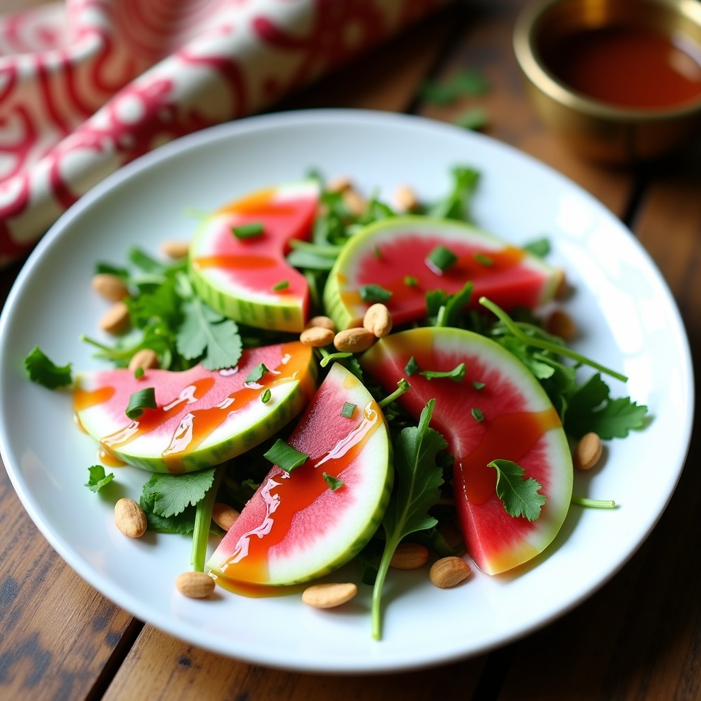 Plato blanco ovalado con ensalada de Watermelon Radish en rodajas finas y rosadas, rúcula verde intenso, cilantro fresco y cacahuetes tostados, bañada con vinagreta de tamarindo de color ámbar. Receta india fresca y detox.