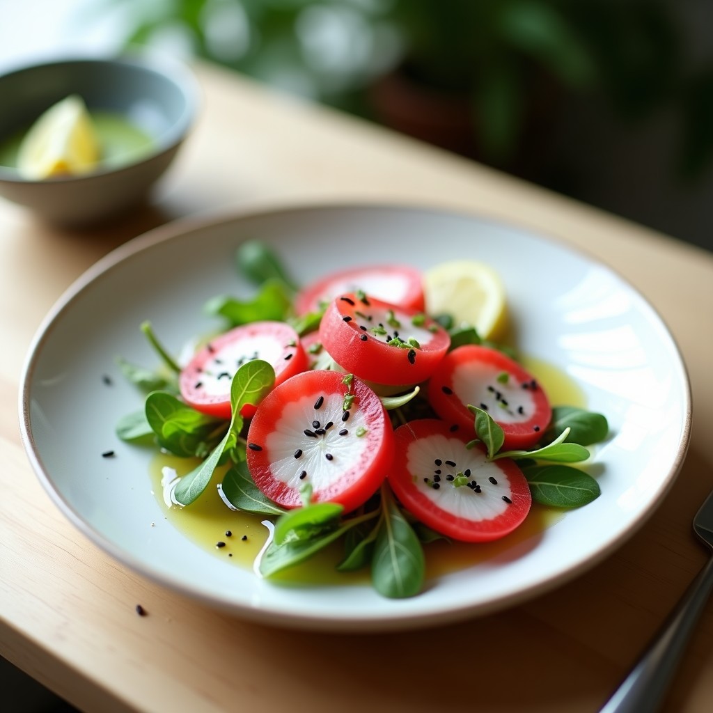Ensalada japonesa crudivegana con rodajas rosadas de Watermelon Radish, hojas de rúcula baby, semillas de sésamo negro y copos de alga nori, bañada en vinagreta de wasabi. Plato moderno sobre fondo de madera clara.