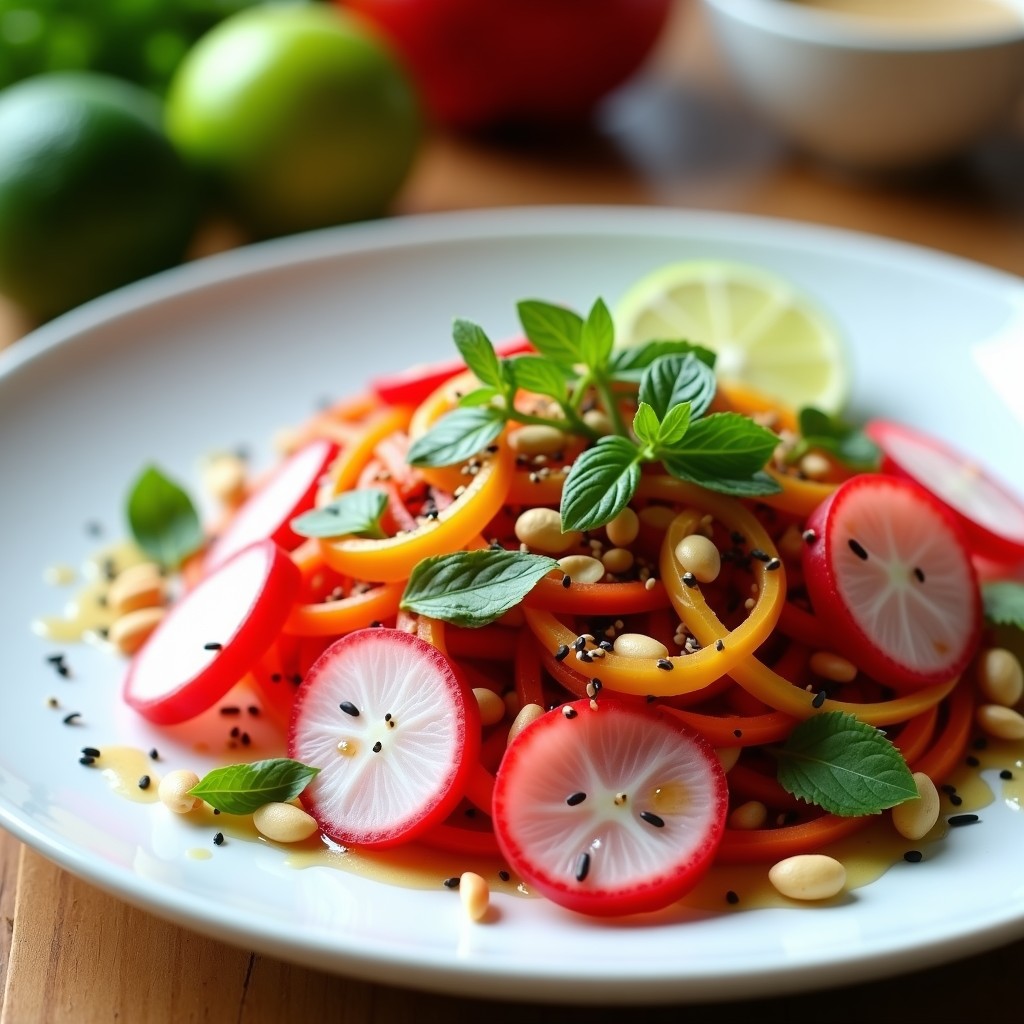 Ensalada tailandesa crudivegana de watermelon radish en juliana fina, zanahoria morada y pepino japonés, bañada en una vinagreta cremosa de tamarindo y cacahuete. Decorada con cacahuetes tostados, semillas de sésamo negro, hojas de menta y cilantro fresco, y rodajas de limón al lado. Plato colorido y vibrante con tonos rosados, morados y verdes.