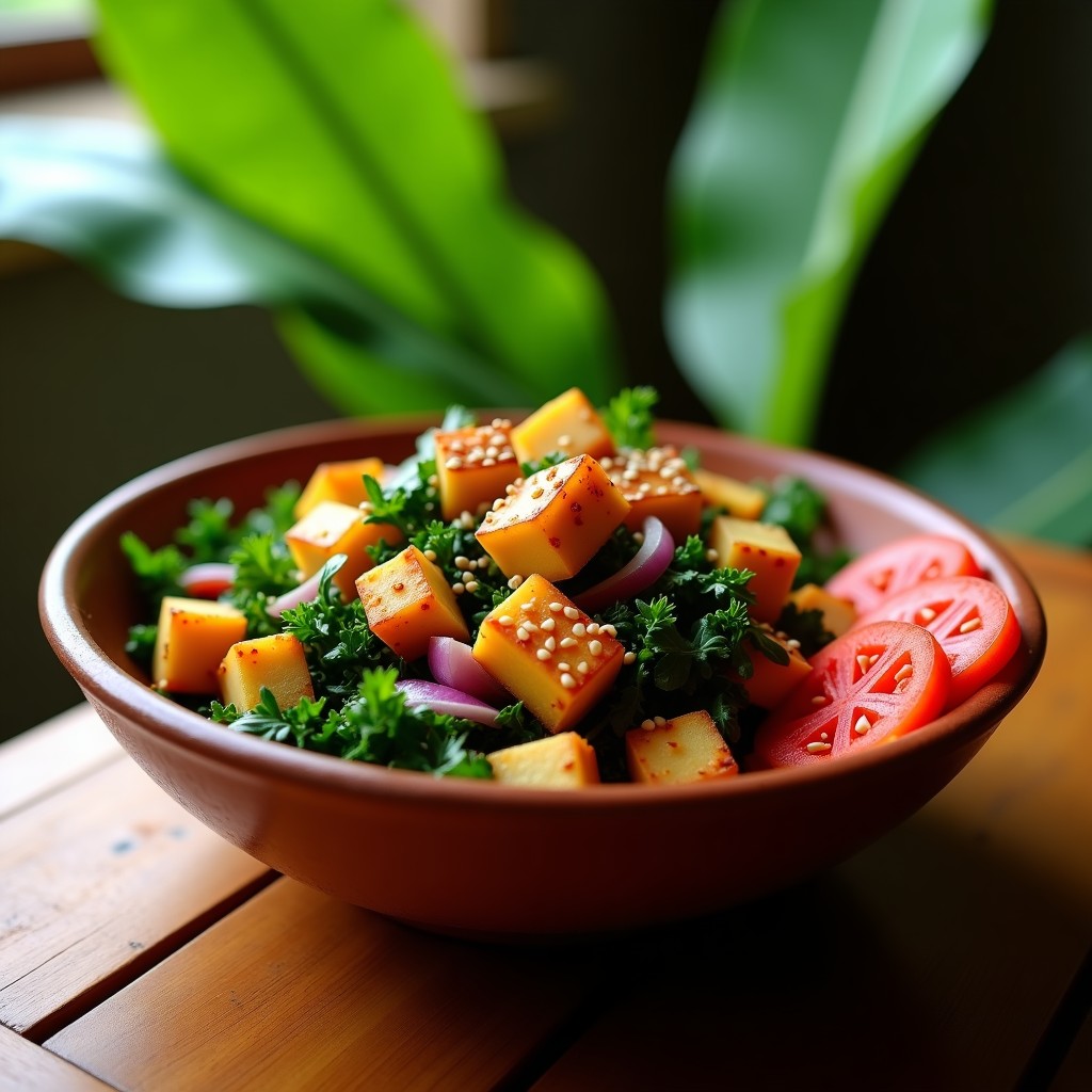 Ensalada brasileña vegana y sin gluten con cubos dorados de yuca asada, hojas de kale verde oscuro, cebolla morada en juliana y vinagreta de tamarillo de color rojo intenso, espolvoreada con semillas de sésamo. Plato servido en un bol de barro rústico sobre una mesa de madera con fondo de hojas de plátano.