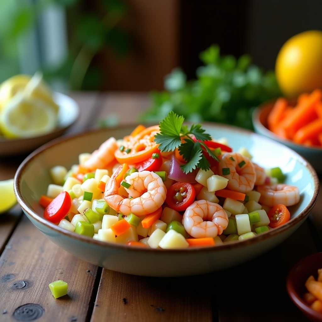 Ensalada fresca de yuca cocida en cubos, camarones rosados, encurtidos de cebolla morada, pimiento verde y zanahoria, decorada con cilantro. Plato tropical colorido y apetitoso.