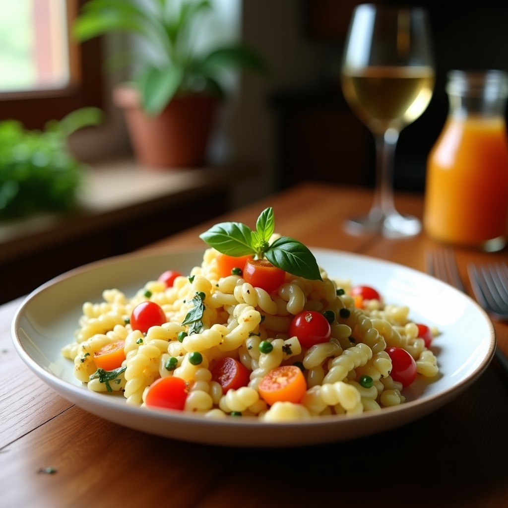 Ensaladilla rusa cremosa en un plato de cristal, decorada con pimiento morrón asado y aceitunas verdes rellenas de anchoa