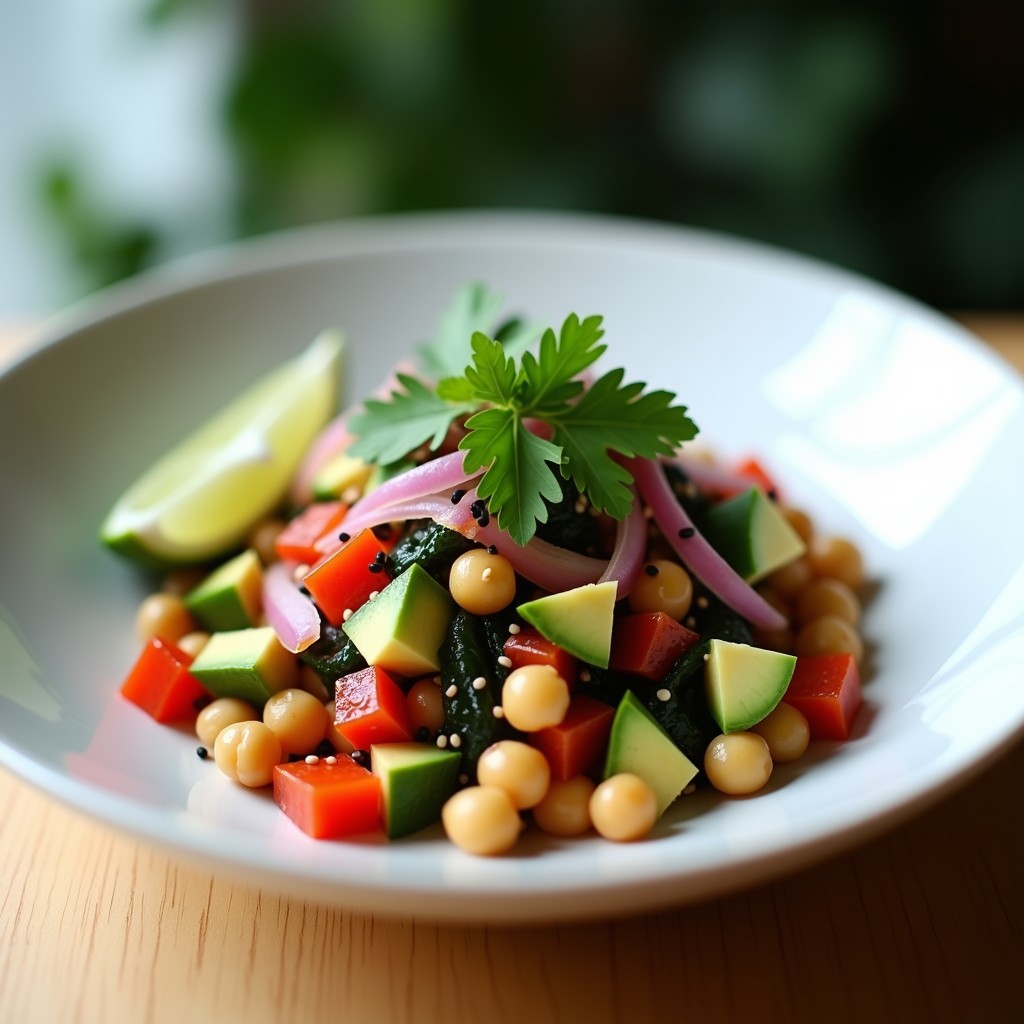 Ensalada fría en bol de cerámica blanca con garbanzos dorados, algas wakame verdes, pimiento rojo asado, pepino y cebolla morada, bañada en vinagreta de umeboshi. Decorada con semillas de sésamo negro y cilantro fresco. Plato de fusión japonés-peruano alto en proteína.