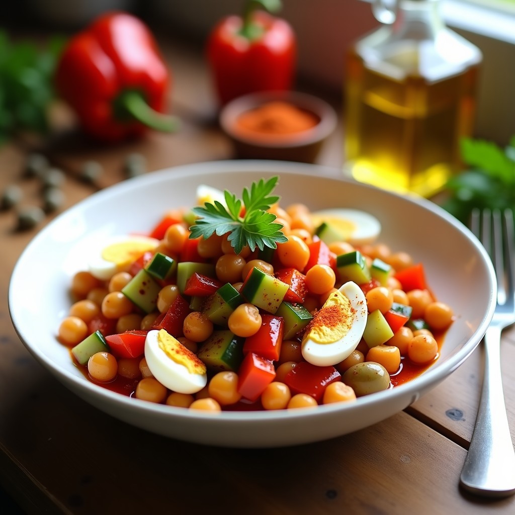Plato hondo de cerámica blanca con ensaldilla de garbanzos y atún, decorada con vinagreta de pimentón de la Vera, huevo picado y perejil fresco. Fondos borrosos de ingredientes como pimiento asado y aceitunas verdes sobre una mesa de madera rústica.