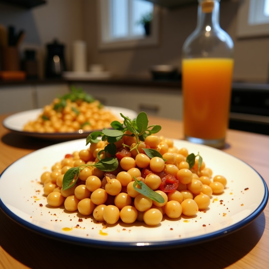 Ensaldilla vegana de garbanzos y remolacha servida en plato hondo de cerámica blanca, con capas visibles de garbanzos dorados, remolacha asada, cebolla morada, pimiento rojo y apio, bañada en aderezo de mostaza y miel, decorada con perejil fresco.
