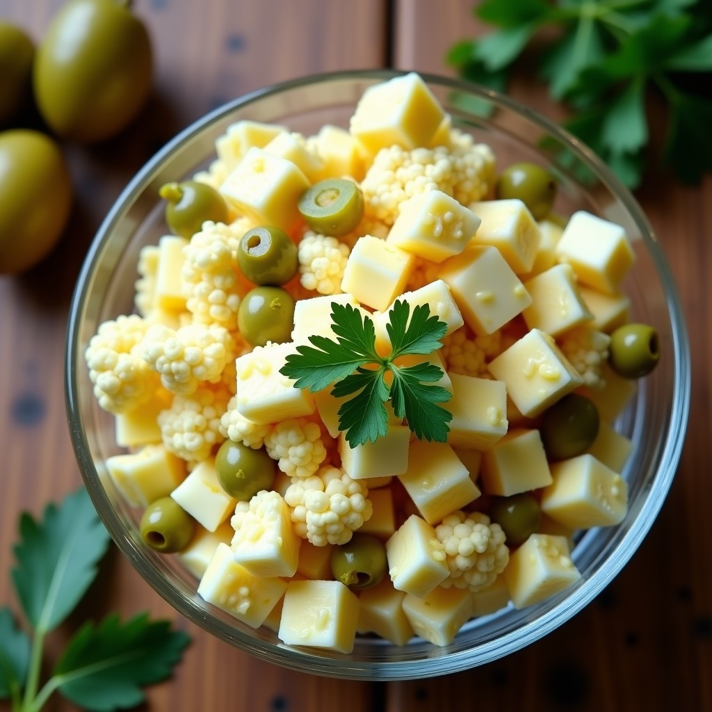 Ensaladilla rusa keto en un bol de cristal transparente, con trozos de coliflor, alcachofas, huevo duro, aceitunas y pepinillos bañados en salsa cremosa. Decorada con perejil fresco y servida sobre una mesa rústica de madera.