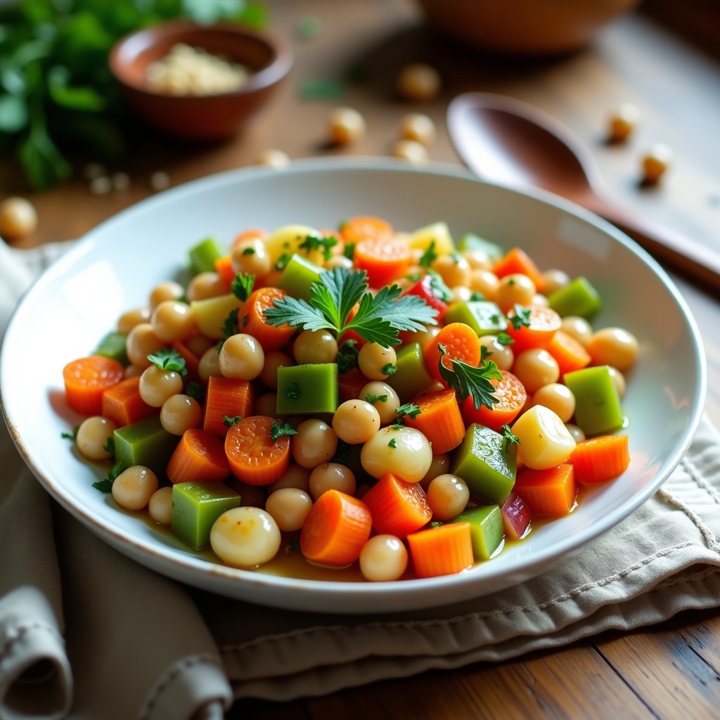 Ensaladilla rusa vegana en bol blanco rústico, con garbanzos dorados, algas wakame verdes, zanahoria asada y pimientos rojos y verdes. Decorada con perifollo fresco y semillas de sésamo, bañada en vinagreta cremosa de tahini.