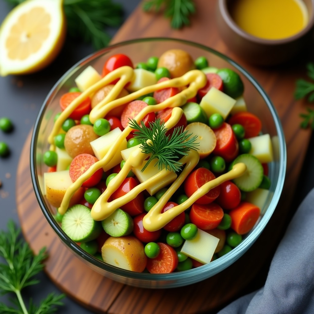 Ensaldilla rusa vegana servida en bol transparente, con capas de patata, zanahoria, guisantes y pimiento rojo asado, coronada por mayonesa cremosa de aguacate y decorada con perejil fresco y vinagreta de mostaza.