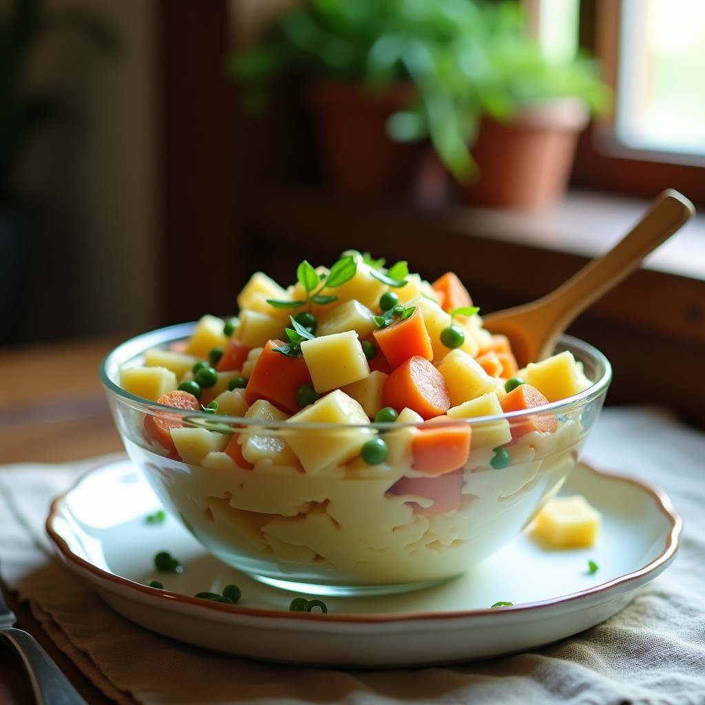 Bol de cristal transparente con Ensaldilla Rusa Vegana con Mayonesa de Aquafaba, llena de cubos de patata, zanahoria, guisantes y alcachofas, bañada en una mayonesa cremosa y espolvoreada con cebollino fresco, sobre un mantel rústico de lino.