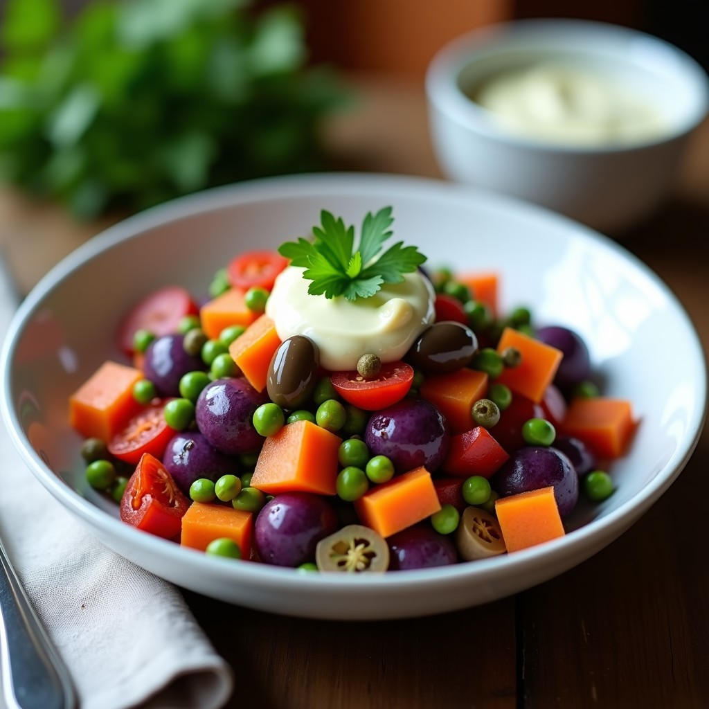 Ensaldilla Rusa Vegana con Patata Morada y Alioli de Anacardos: Receta Festiva Sin Huevos