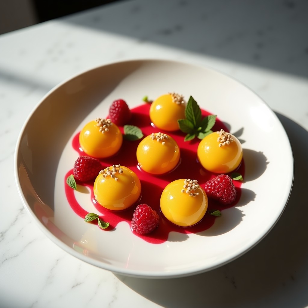 Plato blanco elegante con esferas doradas de mango y chía bañadas en coulis de frambuesa rojo intenso. Postre saludable sin cocinar con textura gelificada y brillo natural.