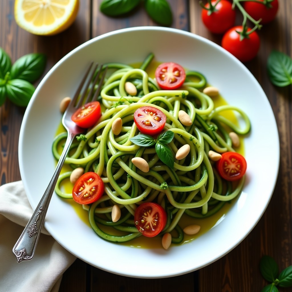 Plato hondo de porcelana blanca con espaguetis de calabacín crudos, bañados en un pesto cremoso de albahaca y anacardos. Decorado con tomates cherry cortados, semillas de chía y hojas frescas de albahaca. Fondo rústico con servilleta de lino y tenedor de madera.