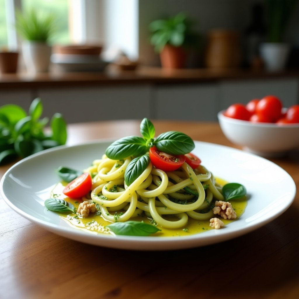 Plato blanco con espaguetis de konjac bañados en un vibrante pesto verde de albahaca y nueces, decorado con tomates cherry rojos y hojas de espinaca fresca. Receta italiana keto rápida y baja en carbohidratos.