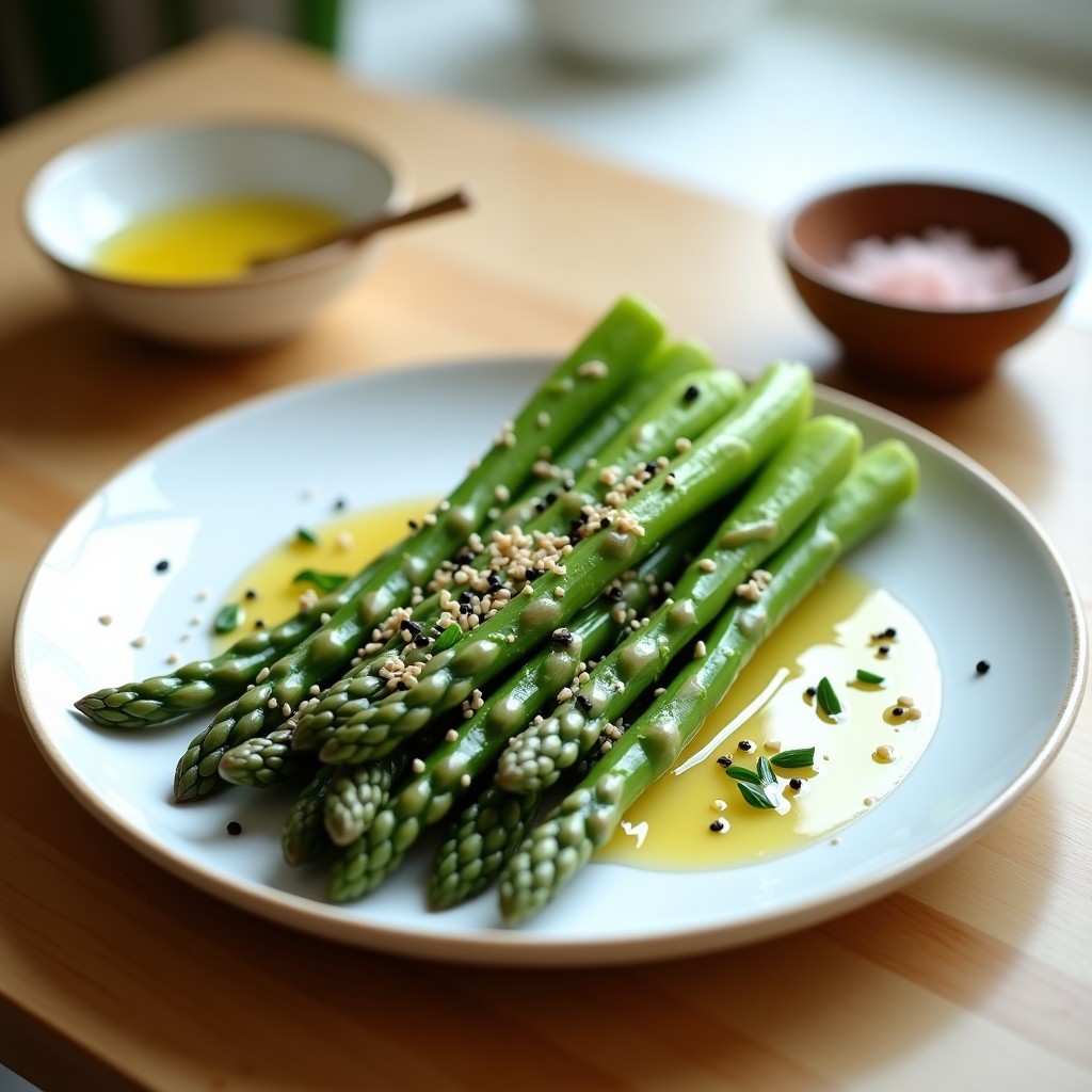 Plato blanco minimalista con brotes de espárrago verde tierno dispuestos en abanico, bañados en vinagreta de yuzu y sésamo, decorados con semillas de sésamo negras y blancas, cebollino picado y escamas de sal rosa. Receta coreana rápida en 10 minutos.