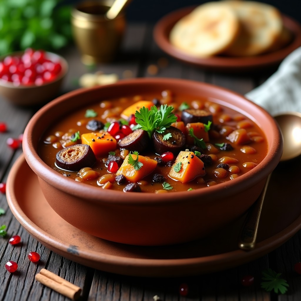 Estofado armenio-vegano de berenjena ahumada y lentejas rojas en cuenco de barro, decorado con semillas de granada y perejil fresco, con fondo de especias y pan de pita tostado.