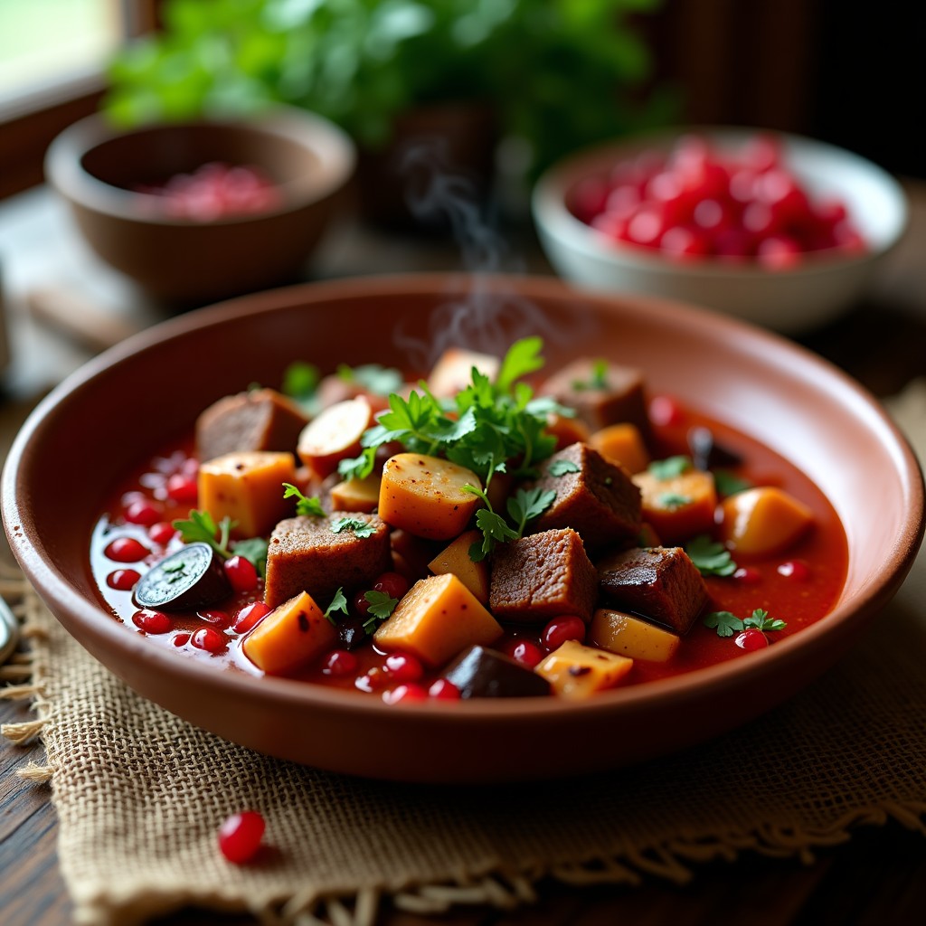 Estofado de Berenjena y Cordero con Salsa de Granados: Receta Georgiana Tradicional