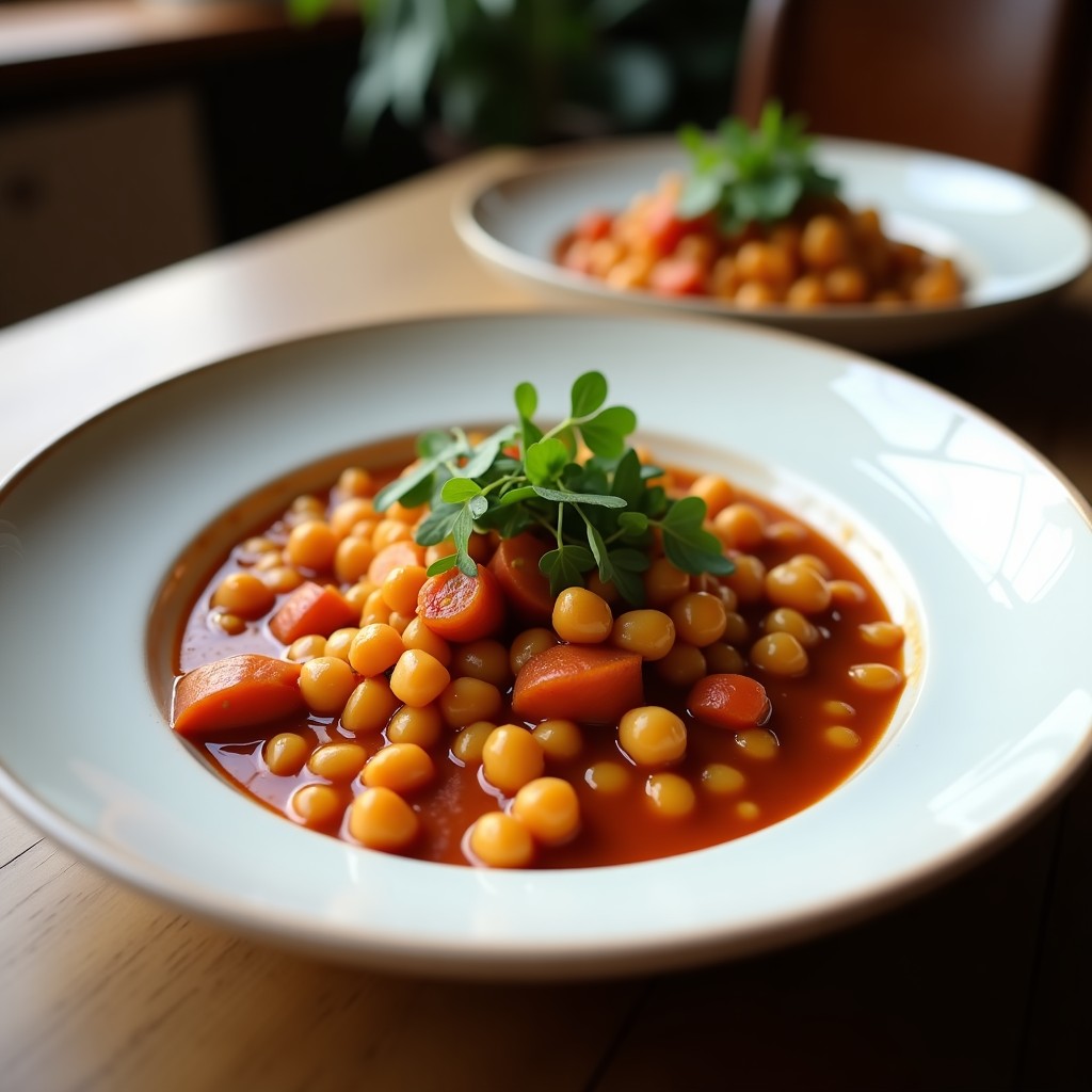 Estofado espeso de berenjena y garbanzos en un cuenco de barro rústico, con pasas doradas, almendras tostadas y cilantro fresco picado. Fondos de especias marroquíes y pan de pita al lado.