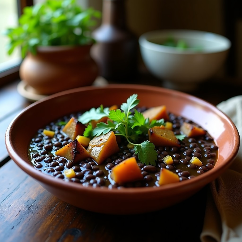 Estofado persa de berenjena y lentejas beluga en cuenco de barro, con trozos dorados de berenjena, lentejas negras brillantes y hierbas frescas espolvoreadas. Plato tradicional iraní con limón seco, servido sobre fondo rústico de madera.