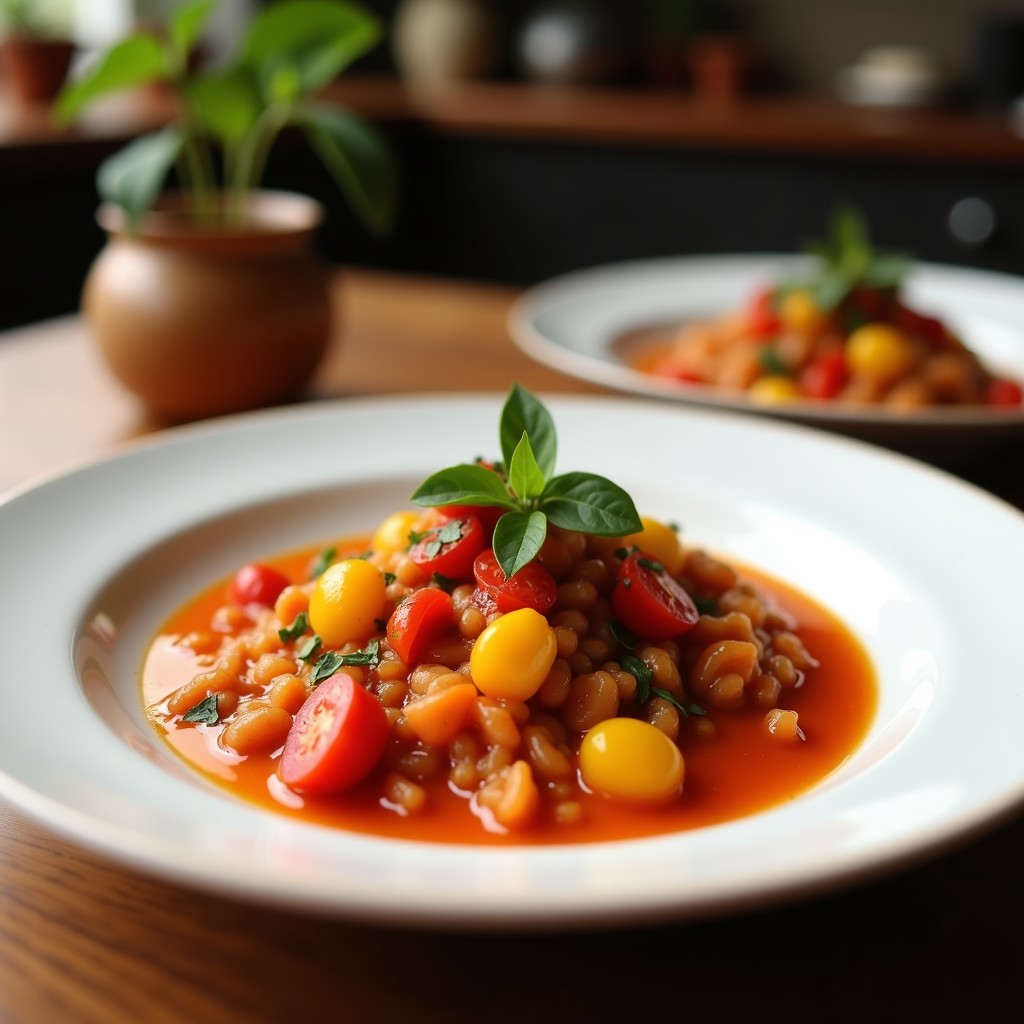 Estofado de berenjena y tomate con hierbas provenzales en olla lenta, servido en un plato hondo de barro con quinoa y aceitunas negras, receta sin gluten y vegana.