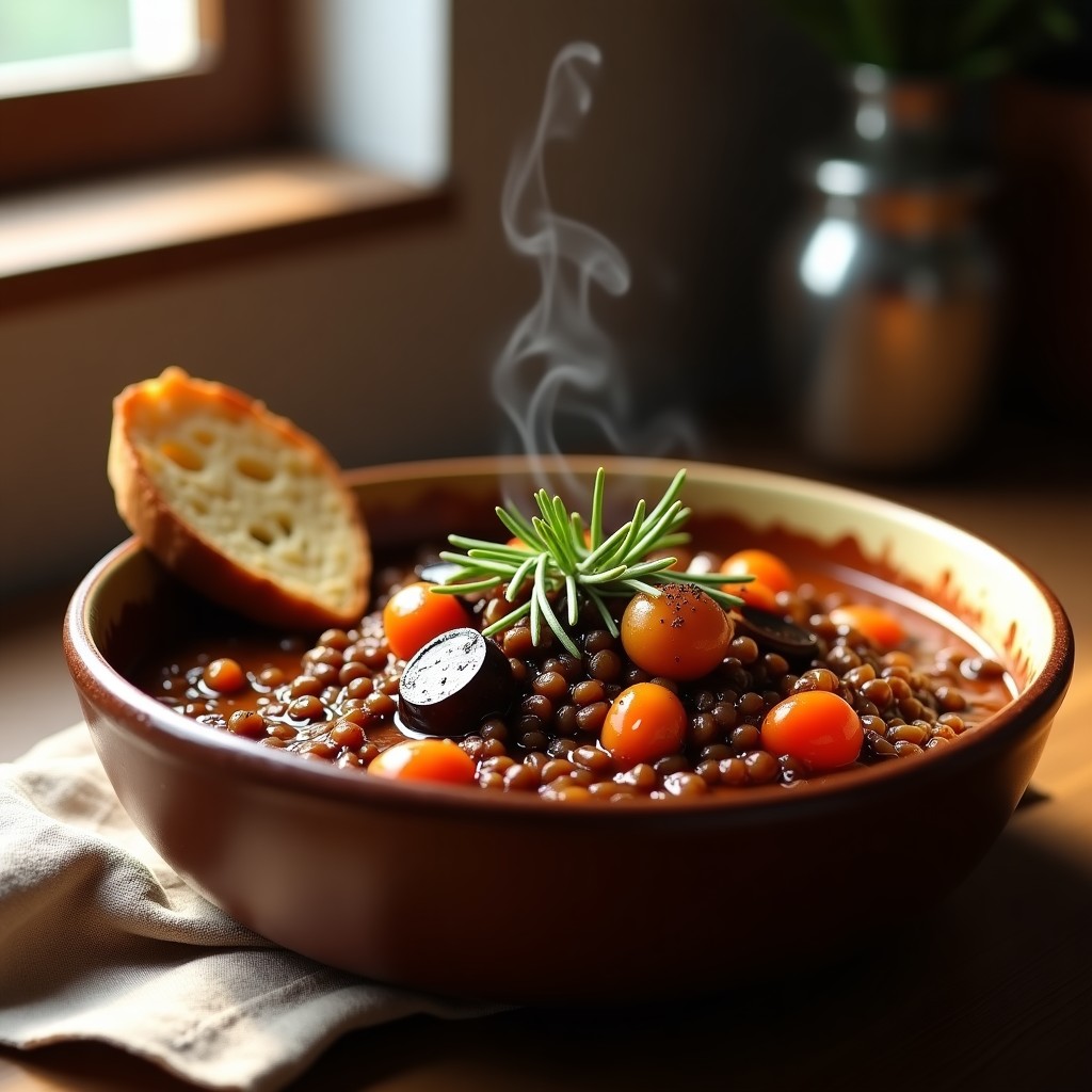 Plato hondo de barro con estofado espeso de lentejas pardinas y berenjenas doradas, bañado en un caldo oscuro con brillo de vinagre balsámico. Decorado con almendras tostadas y una ramita de romero fresco. Receta vegana en olla lenta.