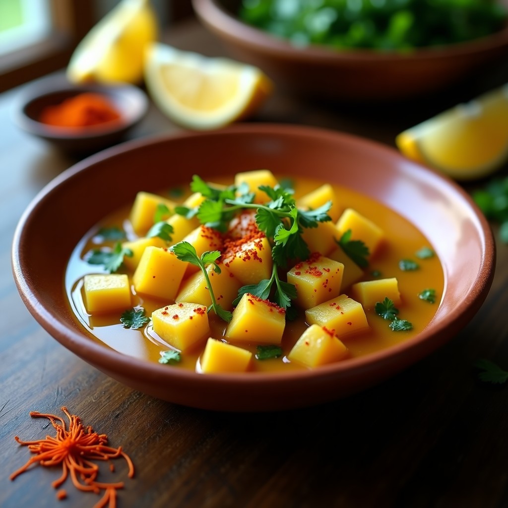 Estofado vegano de berros y patatas con azafrán servido en un cuenco de barro rústico, con trozos de patata dorada, berros verdes frescos y hebras de azafrán decorando la superficie, sobre un fondo de madera oscura.